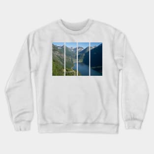 Wonderful landscapes in Norway. Vestland. Beautiful scenery of Geiranger Fjord from the Ornesvingen viewpoint. Cruise ship, winding roads, waterfall and stream Crewneck Sweatshirt